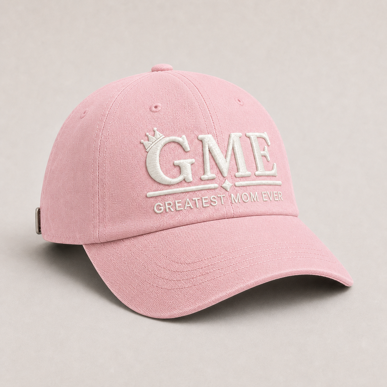 GME hat in blush pink, three-quarter front angle